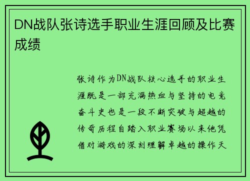 DN战队张诗选手职业生涯回顾及比赛成绩